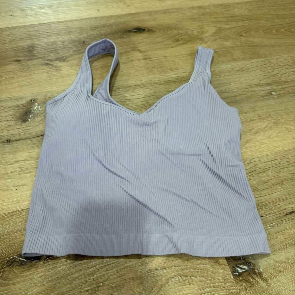 LASLULU Lavender Ribbed Seamless Crop Tank Top V-Neck Workout Camisole Small